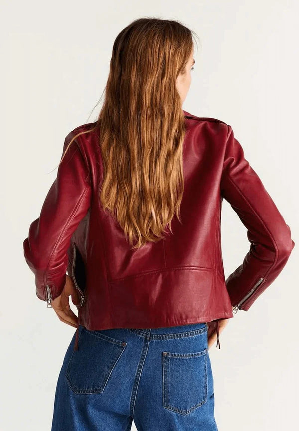 Red Slim Outerwear Biker Leather Jacket