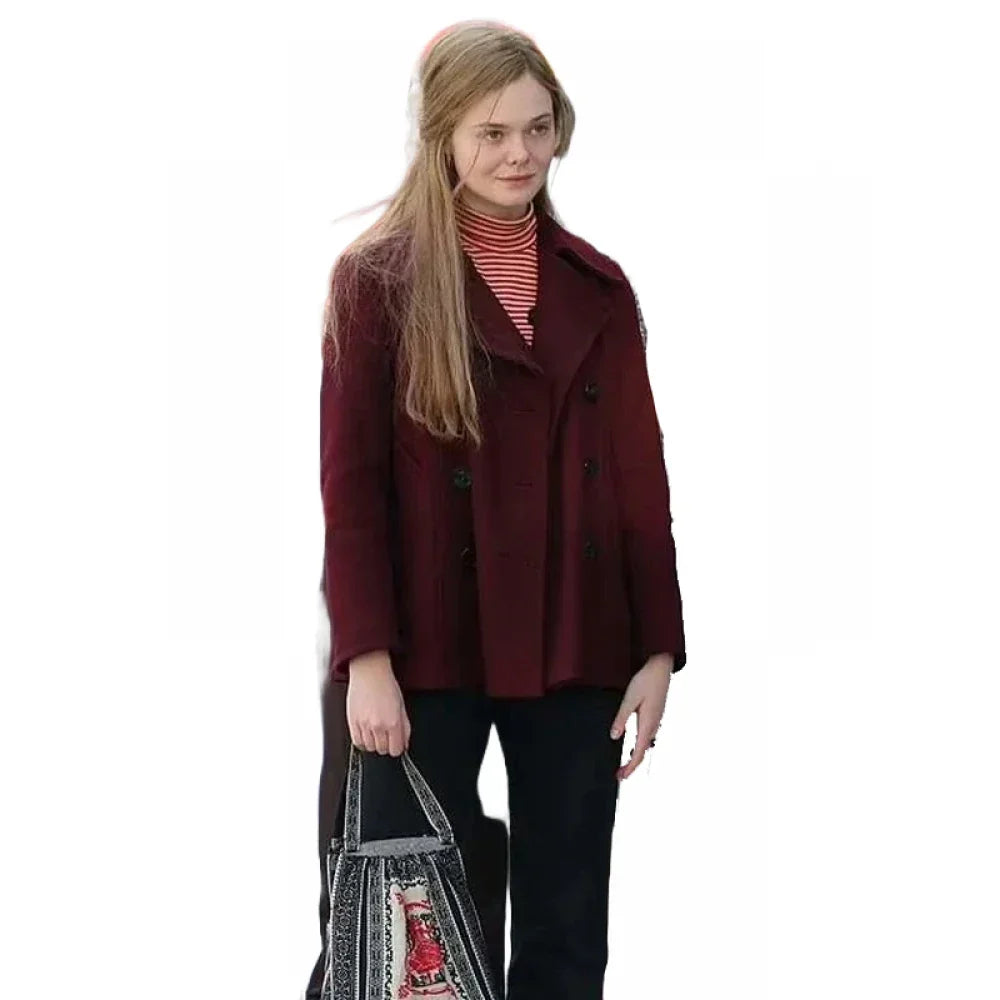 A Complete Unknown Elle Fanning Maroon Coat