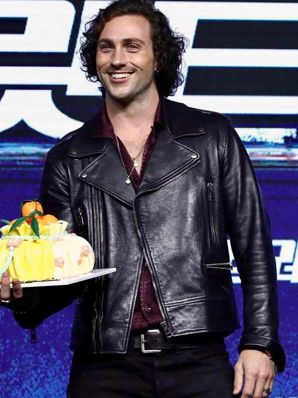 Aaron Taylor-Johnson Bullet Train Premiere Black Leather Jacket