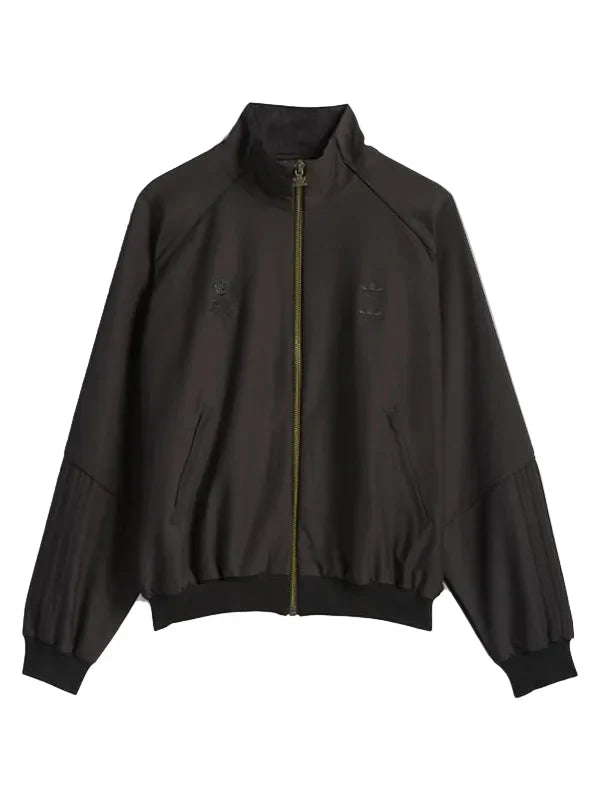 A dark brown zip-up jacket with a stand-up collar, ribbed cuffs and hem, and subtle tonal embroidered logos on the chest, displayed against a light gray background.