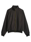 A dark brown zip-up jacket with a stand-up collar, ribbed cuffs and hem, and subtle tonal embroidered logos on the chest, displayed against a light gray background.