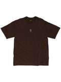 A dark brown short-sleeve t-shirt with a small beige graphic on the left chest, displayed flat against a light gray background.