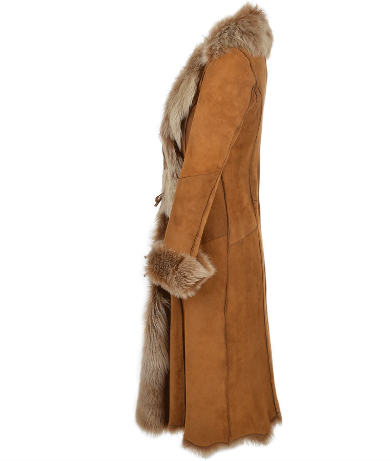 Novah Brown Suede Leather Fur Coat