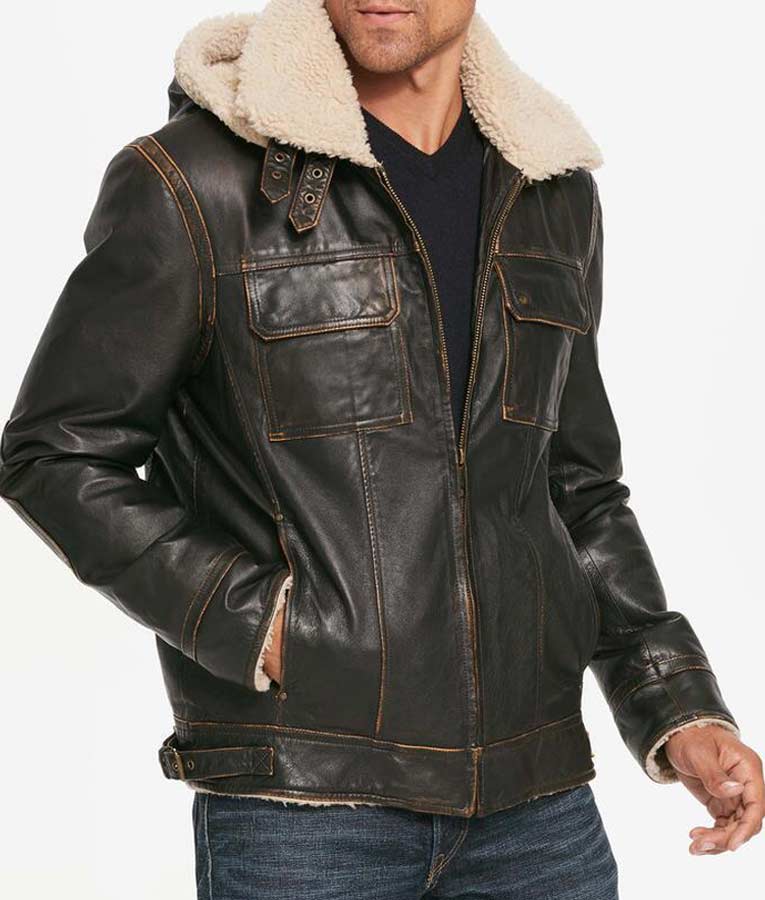 Mens Brown Waxed Hooded Aviator Jacket