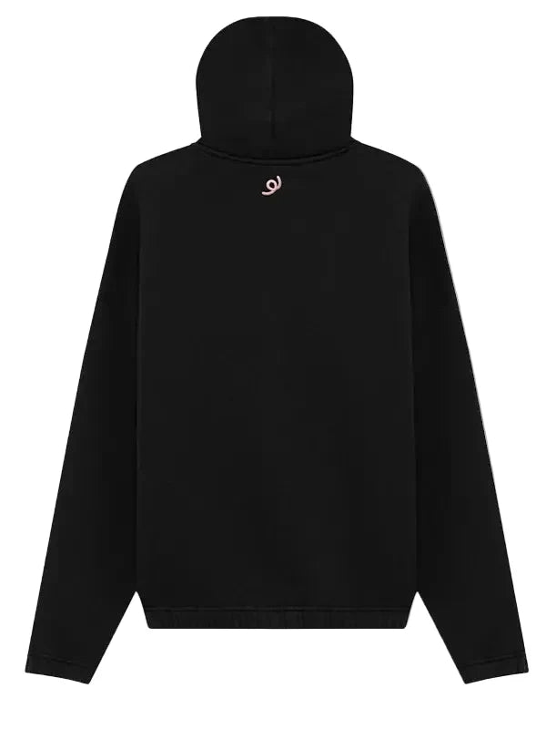 A black pullover hoodie shown from the back, featuring a small pink swirl logo centered below the neckline, set against a solid light gray background.