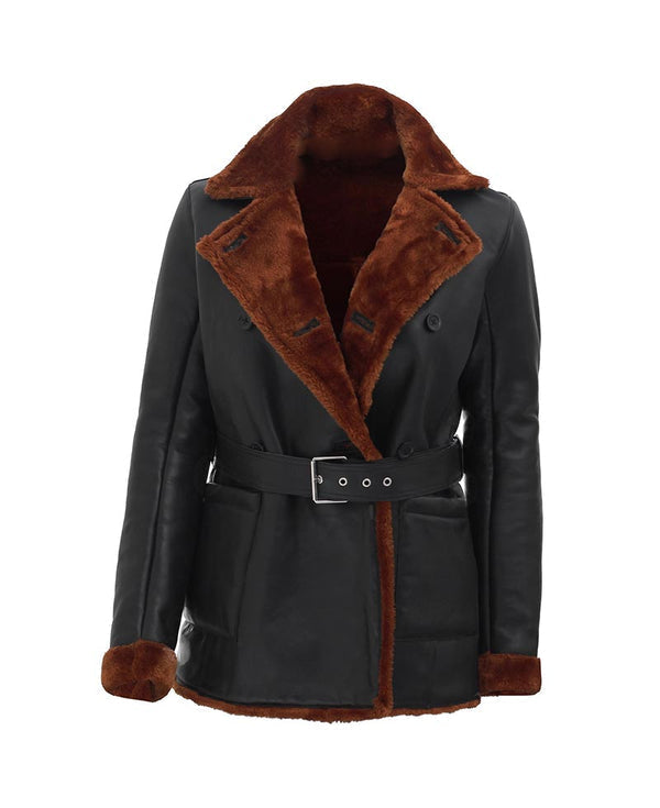 Double Breasted 3/4 Length Shearling Jacket For Women