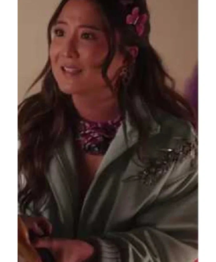 Ashley Park Emily In Paris S04 Green Satin Jacket For Sale