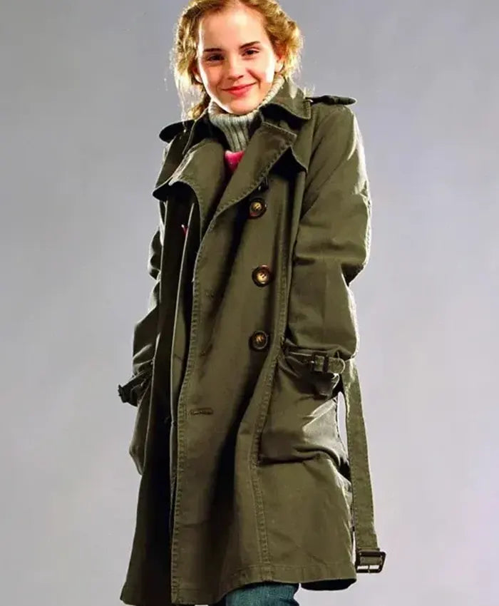 Emma Watson Movie Harry Potter Hermione Granger Green Wool Fabric Trench