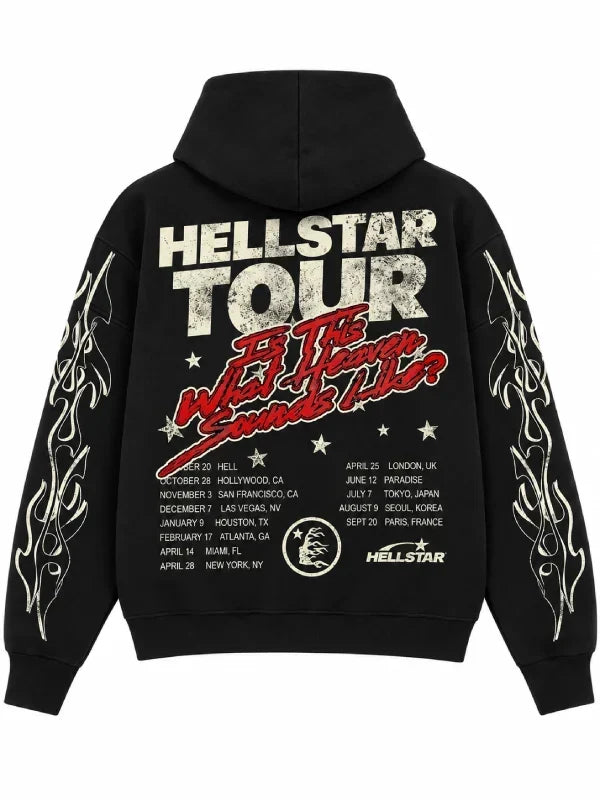 Black hoodie shown from the back with a large graphic print for the HELLSTAR Tour. The design features 'HELLSTAR TOUR' in distressed white letters, 'If The World Ends Like This' in red script, a white tour date list, and white flame patterns down both sleeves.