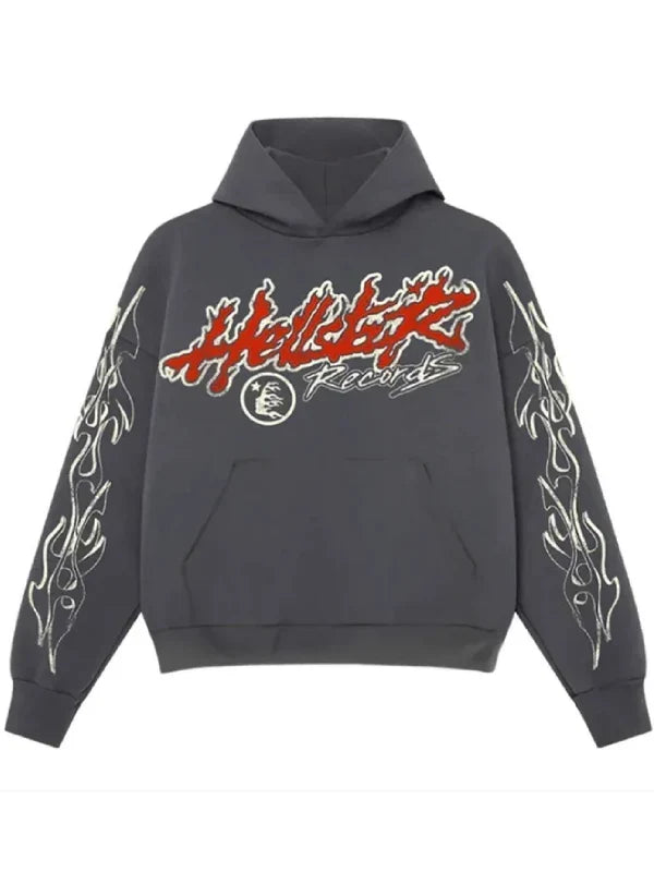 A dark gray pullover hoodie featuring a red and white 'Hollister Records' graphic on the chest, with white flame-style sleeve prints, shown against a plain white background.