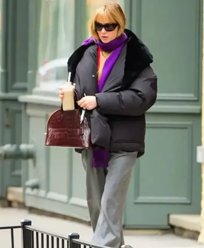 Shop Jennifer Lawrence 2026 Black Parachute Fabric Puffer Coat For Womens