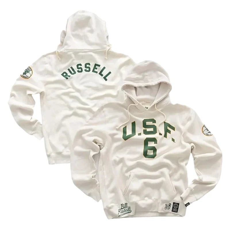 Two off-white hoodies shown on a light gray background, one displaying 'RUSSELL' on the back and the other 'U.S.