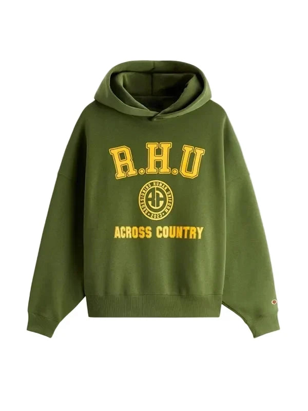 Green hoodie with yellow text and logo on a gray background