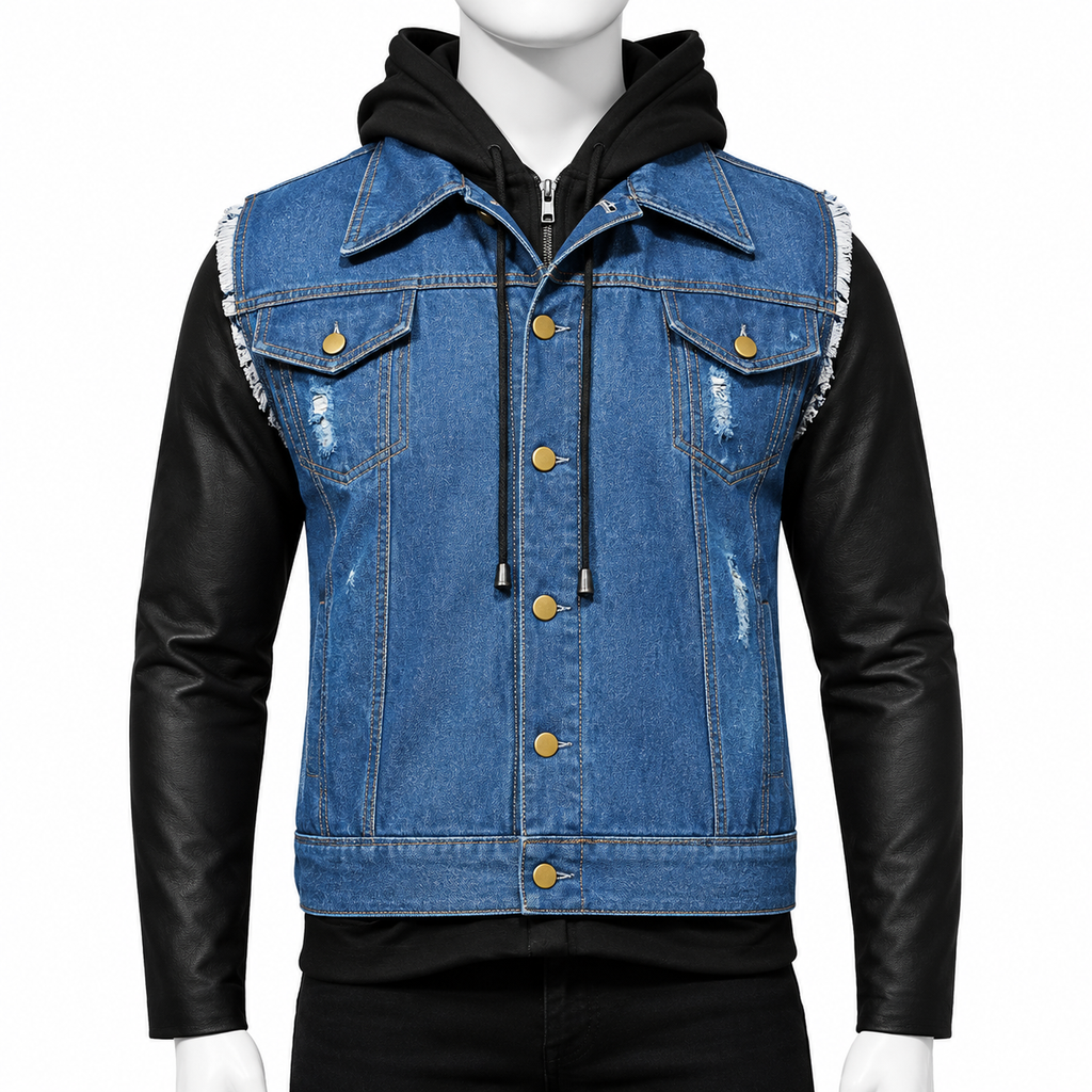 A men's hooded denim jacket with black faux-leather sleeves, shown on a white mannequin against a plain white background.