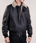 Mens Aviator Bomber Black Leather Jacket
