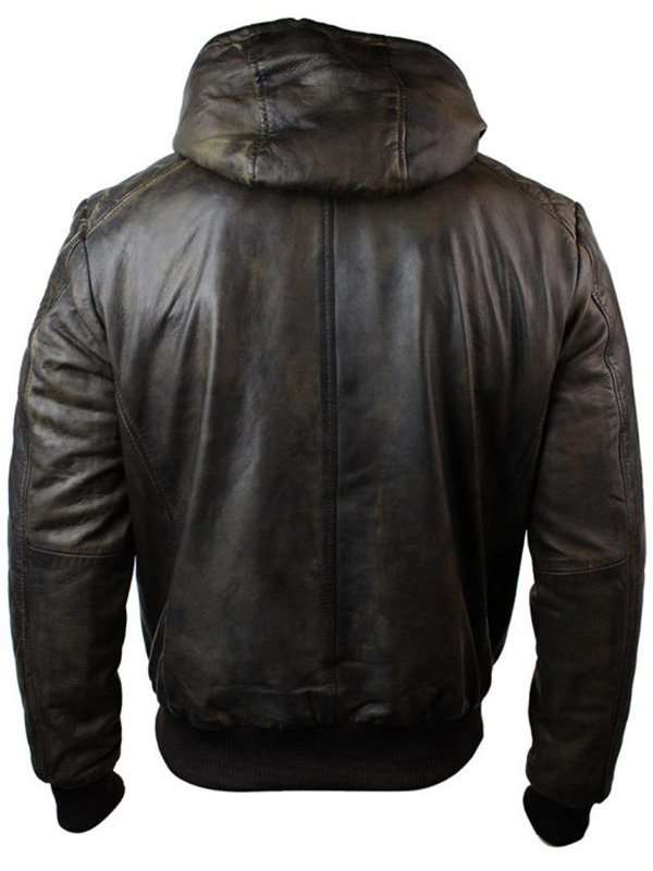 Men’s Dark Brown Distressed Hooded Leather Jacket