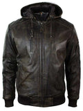 Men’s Dark Brown Distressed Hooded Leather Jacket