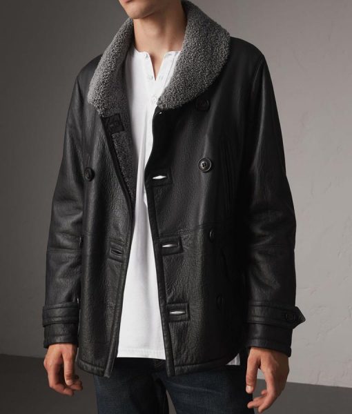 Mens Double Breasted Shearling Black Pea Coat