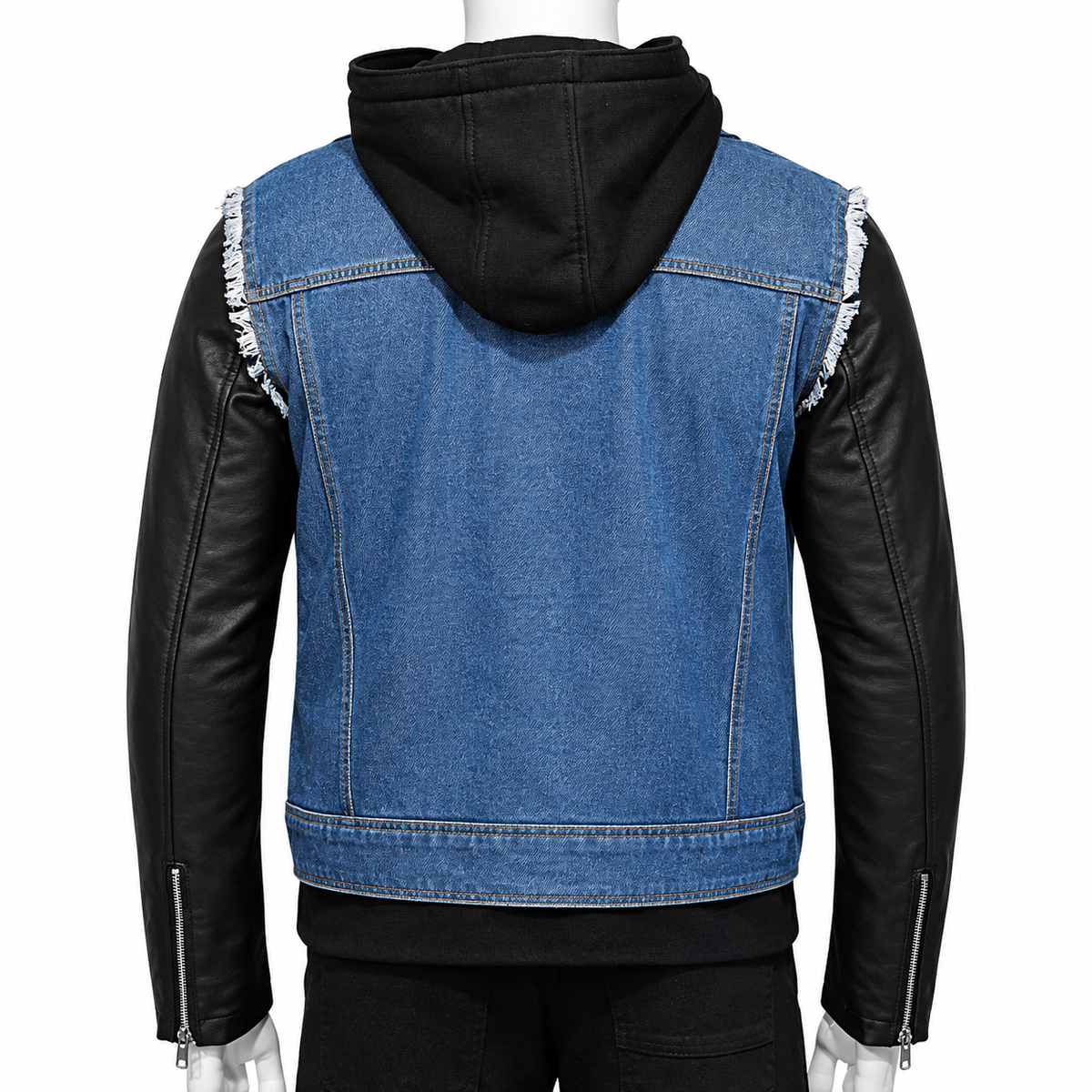 A men's hooded jacket shown from the back on a mannequin, featuring a blue denim body with frayed shoulder details and black faux-leather sleeves and hood.