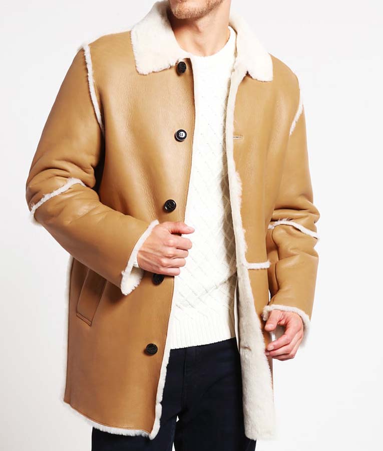 Mens Tan Brown Shearling Car Coat