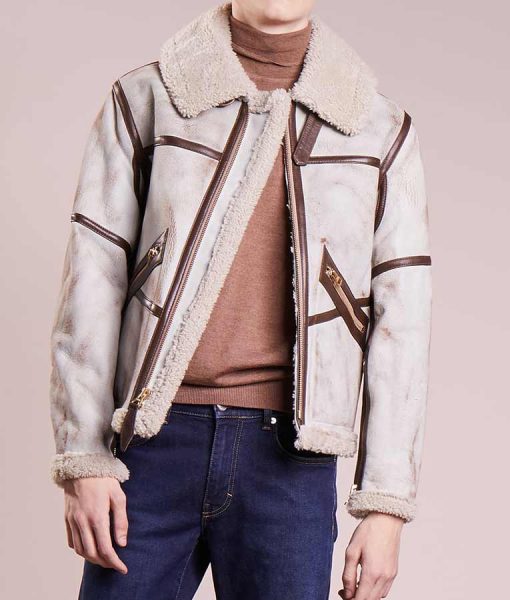 Mens White Waxed Leather Aviator Style Jacket
