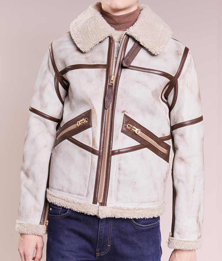 Mens White Waxed Leather Aviator Style Jacket