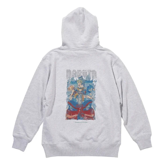 A light gray heather hoodie shown from the back, featuring a large graphic print of a seated figure in blue, red, and gold tones with the word 'NARUTO' above it.
