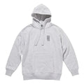 A light gray heather pullover hoodie with a small dark gray graphic on the left chest, displayed on a solid white background.