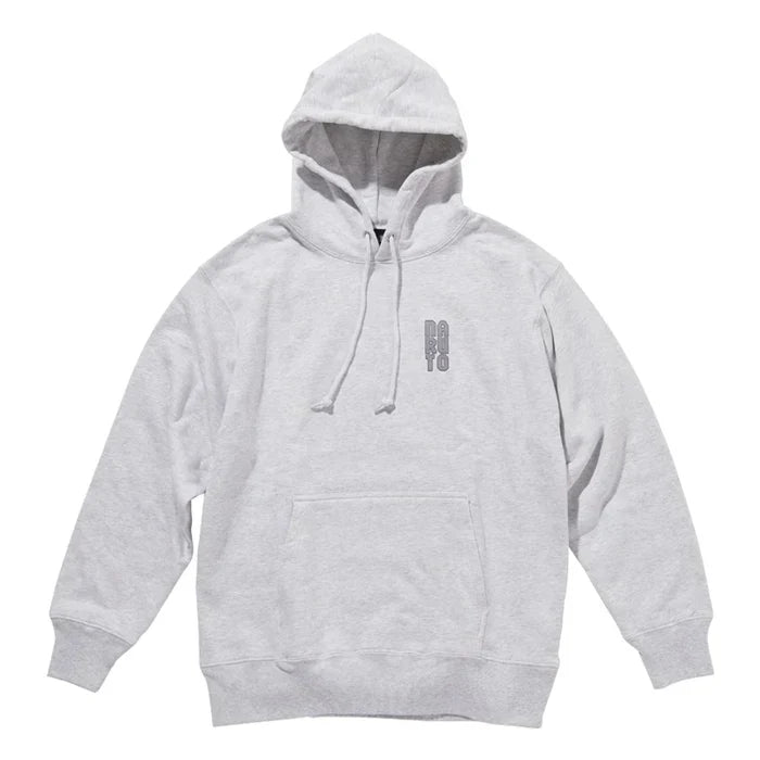 A light gray heather pullover hoodie with a small dark gray graphic on the left chest, displayed on a solid white background.