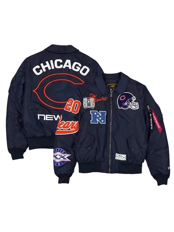 A navy blue Chicago Bears themed bomber jacket shown from both the front and back views against a solid gray background. The back features large white 'CHICAGO' text, a red 'C' logo, and '20' in red, while the front displays team patches including the helmet, 'N' logo, and '2020' championship patch.