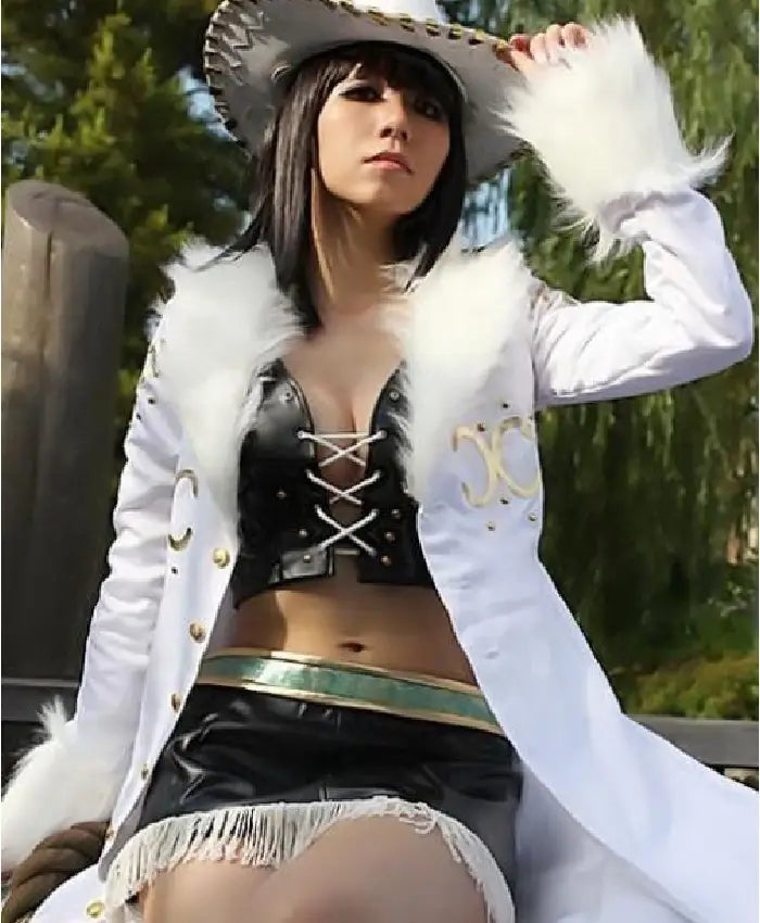 Nico Robin One Piece S02 White Shearling Leather Long Coat For Women