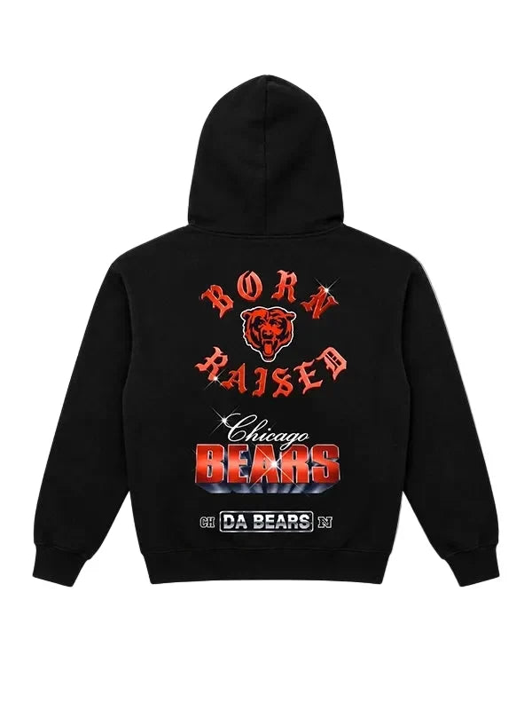 A black hoodie shown from the back, featuring a large Chicago Bears graphic with red and white text and a bear head logo on a light gray background.