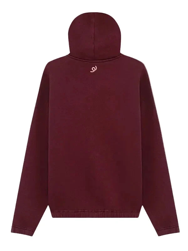 A dark burgundy hooded sweatshirt shown from the back, featuring a small white spiral logo centered below the neckline, set against a solid light gray background.