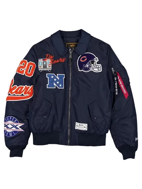 A navy blue bomber jacket featuring Chicago Bears patches, including a helmet patch on the left chest, a large 'N' patch on the right chest, and '20' on the right sleeve. The jacket has a front zipper, ribbed collar, cuffs, and hem, and is displayed against a solid gray background.