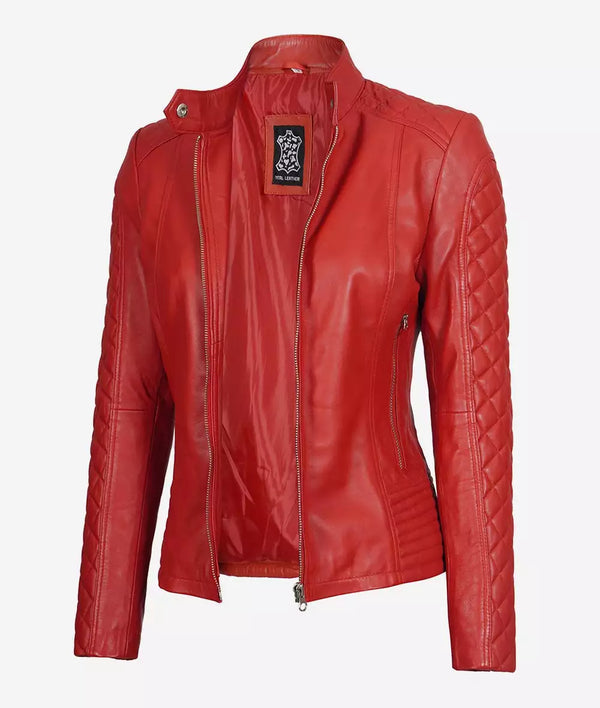 Biker Quilted Leather Jacket Women, Red