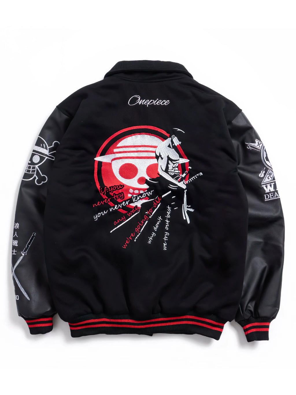 Black varsity-style jacket with leather-look sleeves, featuring a large back graphic inspired by One Piece, with red and white details and ribbed collar, cuffs, and hem.