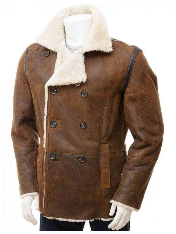 Men’s Sheepskin Double Breasted Shearling Brown Peacoat