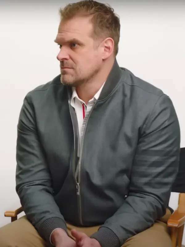 David Harbour Stranger Things Season 4 Grey Bomber Jacket