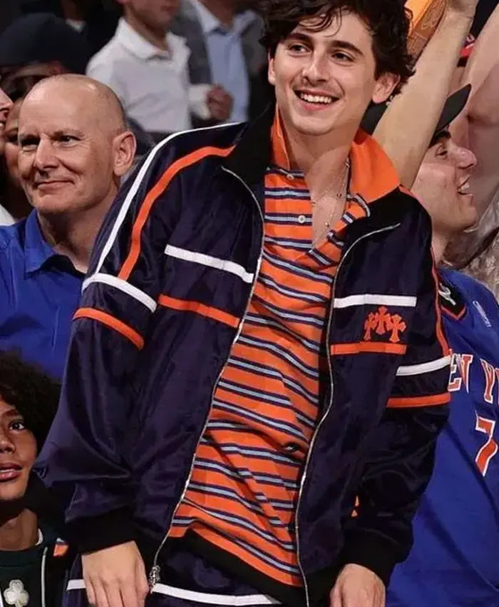 Timothée Chalamet 2025 Blue Satin Fabric New York Knicks Track Jacket 