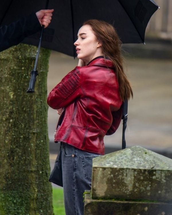 Phoebe Dynevor Bank of Dave Leather Jacket Shop Now