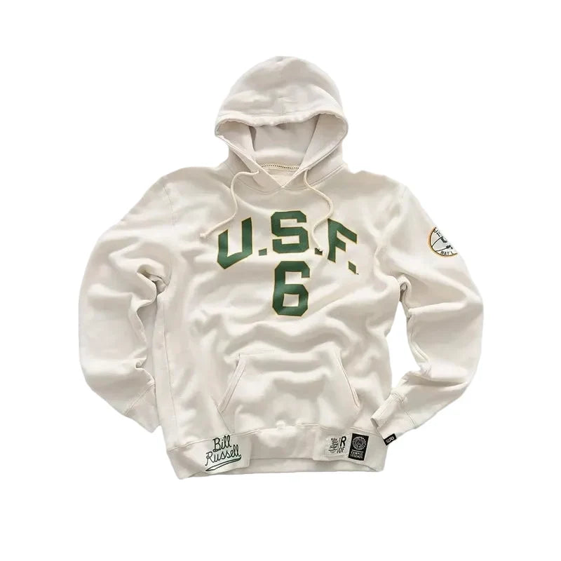 An off-white hooded sweatshirt with green 'U.S.