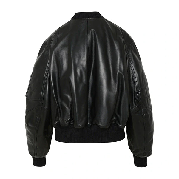 McQueen Leather Bomber Jacket Women, Black