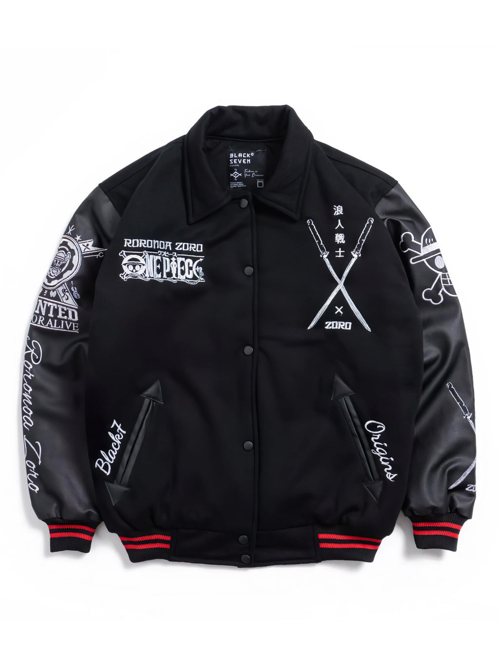 A black varsity-style bomber jacket with black leather sleeves, featuring white graphic prints and text on the front and sleeves, red and black striped ribbed cuffs and hem, and snap-button closure.