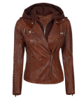 Women Leather Jacket With Hood Cognac