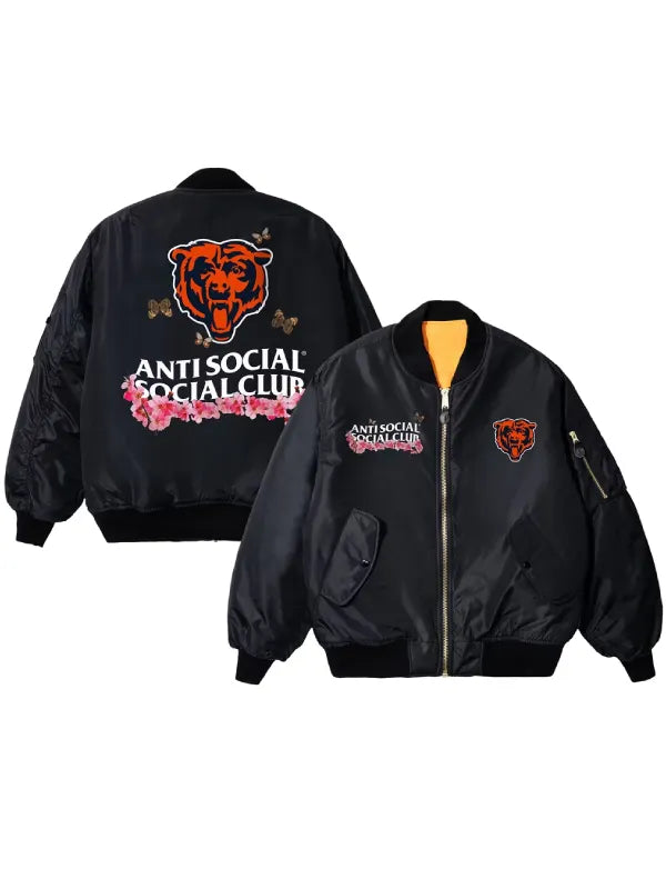 Black bomber jacket shown from both front and back, featuring a large orange bear head and 'ANTI SOCIAL SOCIAL CLUB' text with pink floral accents on the back, and a smaller matching logo on the front chest.