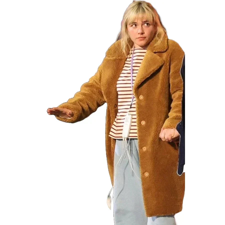 We Live In Time Florence Pugh Fur Coat