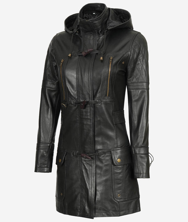 Women Long Coat - Real Leather Zip Up